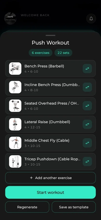 A generated Push Workout in REPR: six exercises, 22 sets, with Start workout and Regenerate buttons