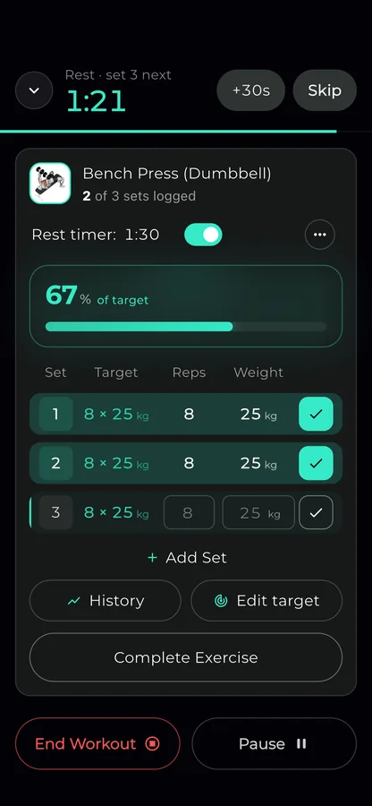 REPR live workout logging Bench Press: two of three sets ticked at 8 × 25 kg, rest timer counting down