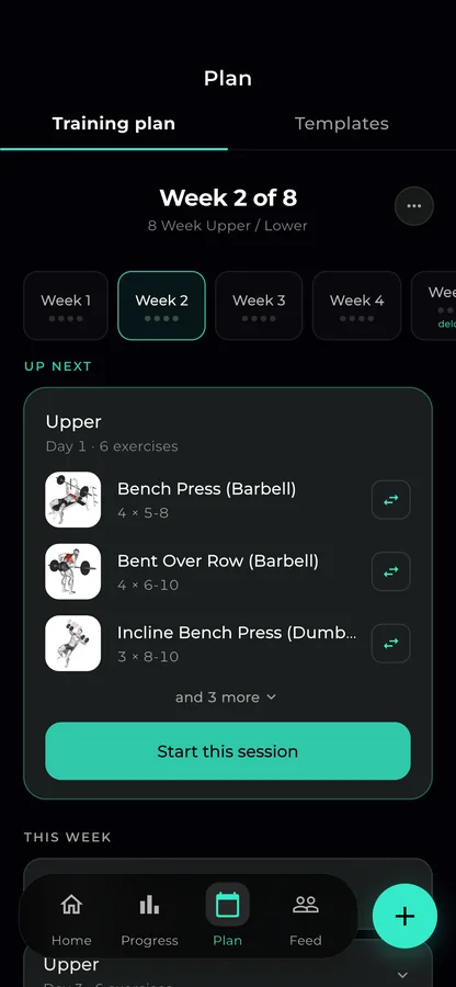 REPR training plan: Week 2 of 8 of an Upper / Lower plan, with the next Upper session ready to start