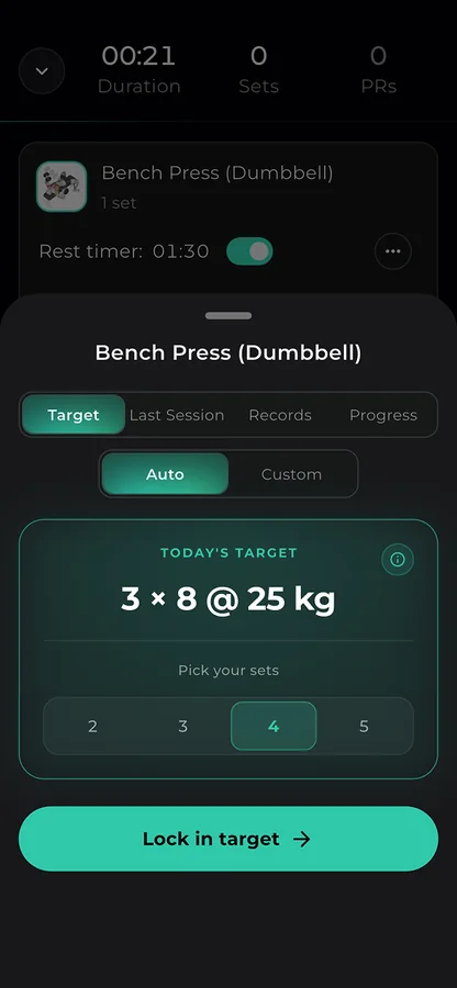 REPR live workout with today's auto target for Bench Press: 3 sets of 8 at 25 kg, and a Lock in target button